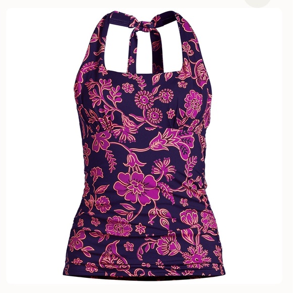 Lands end Floral Halter Tankini Swim Top - Pink and Purple - Picture 4 of 8